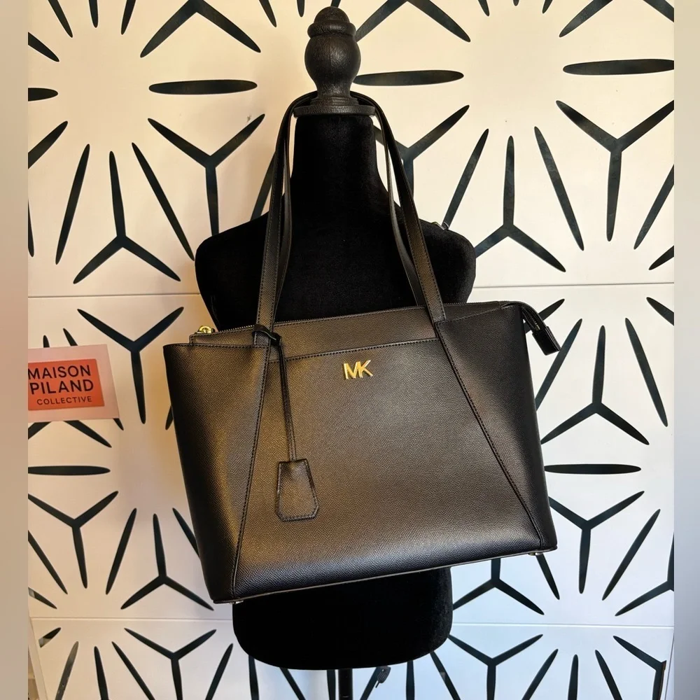 Michael Kors Maddie Medium Crossgrain Tote – Black with Gold Hardware